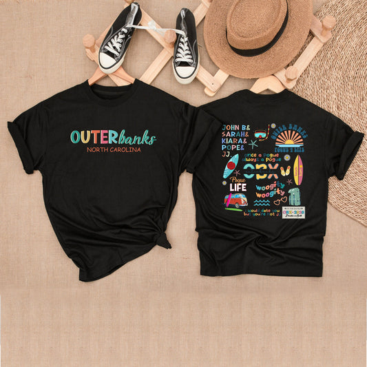 Outer Banks Pogue Life Shirt Unisex OBX North Carolina Summer Tee featuring John B, Sarah, Kiara, Pope, JJ & Surfboard, Comfortable Cotton