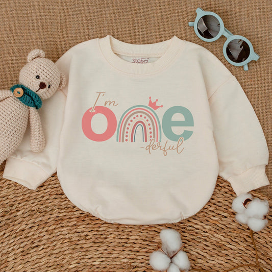 Onederful First Birthday Girl Romper Rainbow Crown Bodysuit Pink Teal One Year Old Smash Cake Outfit Adorable Baby Shower Gift