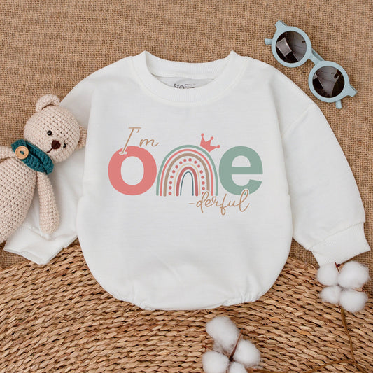Onederful First Birthday Girl Romper Rainbow Crown Bodysuit Pink Teal One Year Old Smash Cake Outfit Adorable Baby Shower Gift