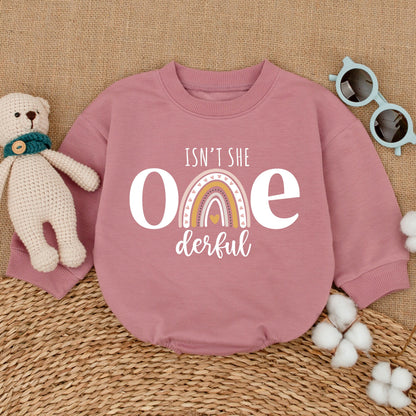 Isn't She ONEderful First Birthday Romper Boho Rainbow Baby Girl Bodysuit Pastel Pink Whimsical Celebration Outfit One Year Old Gift