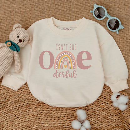 Isn't She ONEderful First Birthday Romper Boho Rainbow Baby Girl Bodysuit Pastel Pink Whimsical Celebration Outfit One Year Old Gift
