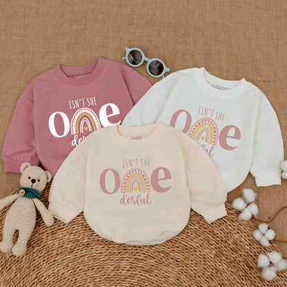 Isn't She ONEderful First Birthday Romper Boho Rainbow Baby Girl Bodysuit Pastel Pink Whimsical Celebration Outfit One Year Old Gift