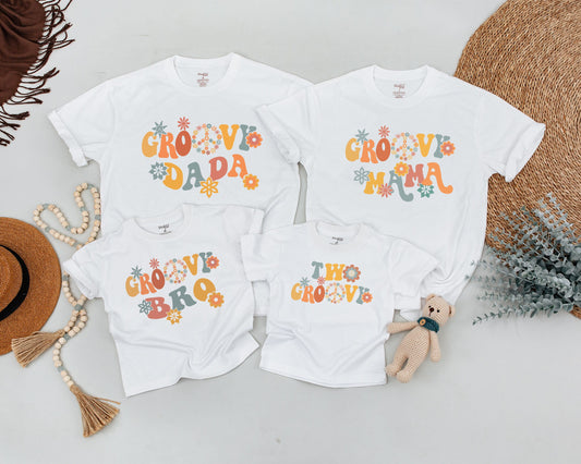 Two Groovy Birthday Girl Outfit 2nd Birthday Matching Family Retro 70s Floral Peace Sign Vintage Orange Yellow Teal Pink Shirts