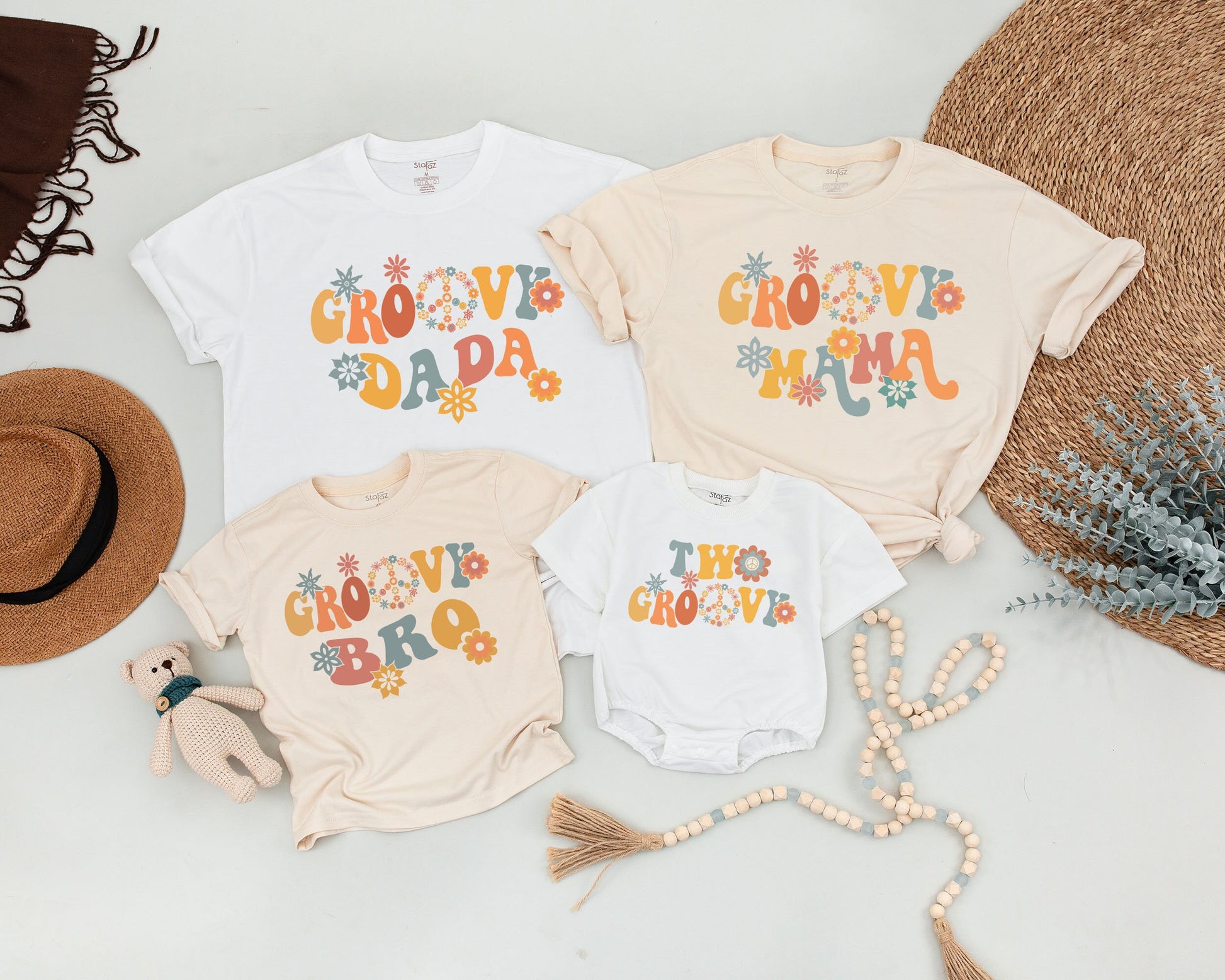 Two Groovy Birthday Girl Outfit 2nd Birthday Matching Family Retro 70s Floral Peace Sign Vintage Orange Yellow Teal Pink Shirts