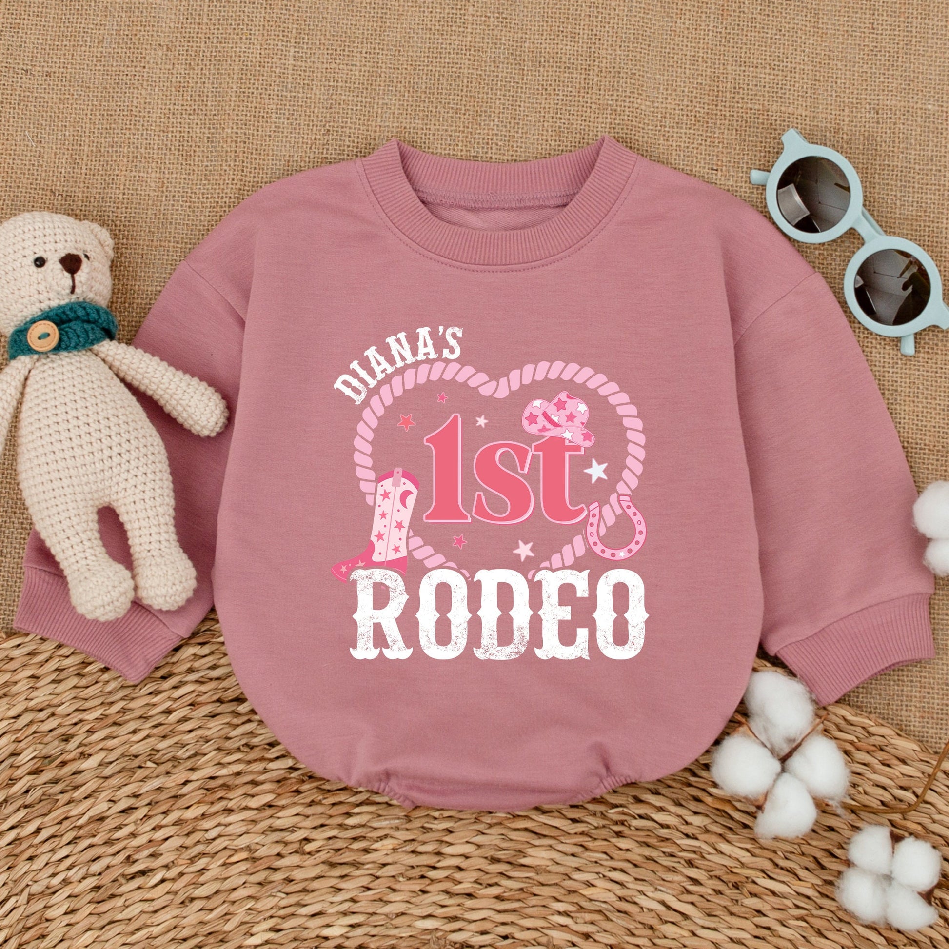Personalized Pink 1st Rodeo Birthday Baby Girl Romper Western Cowgirl Outfit Soft Cotton Star Hat Boot Vintage Country Party