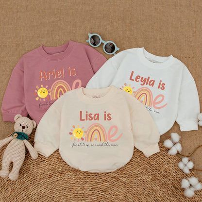 Personalized First Trip Around the Sun Romper for Baby Girl's 1st Birthday with Boho Sun Rainbow Pastel Design Sweet Sunshine Smash Cake Outfit Gift