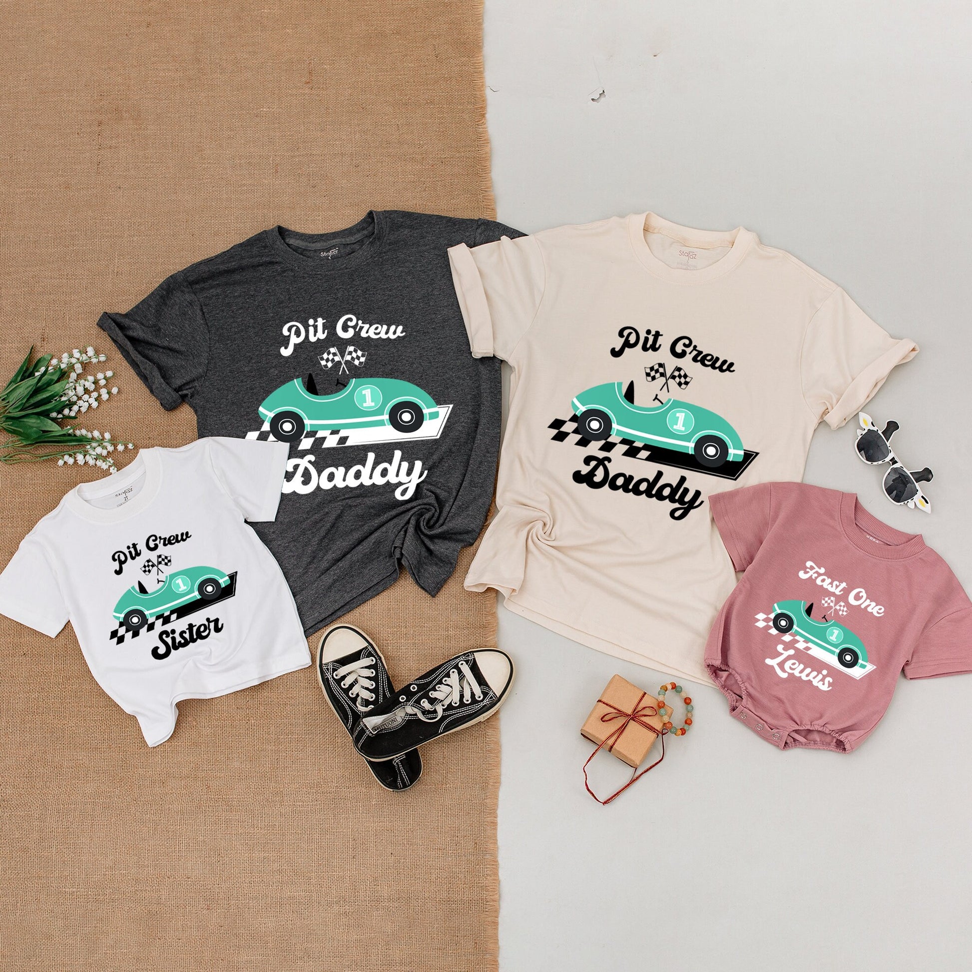 Personalized Vintage Race Car Birthday Shirt Family Matching Pit Crew Outfits Teal Design First Birthday Party Cotton Bodysuit Apparel