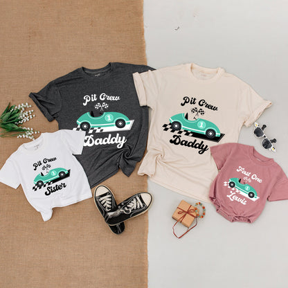 Personalized Vintage Race Car Birthday Shirt Family Matching Pit Crew Outfits Teal Design First Birthday Party Cotton Bodysuit Apparel