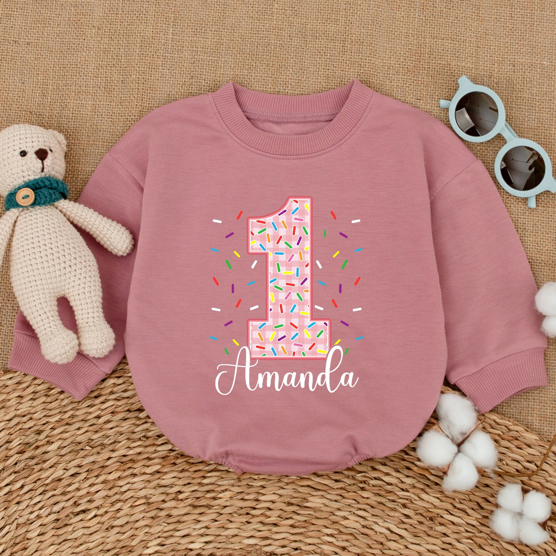 Personalized Pink Gingham Donut First Birthday Romper Sweet One Girl with Sprinkles & Amanda's Name, adorable Baby Bodysuit Smash Cake Outfit