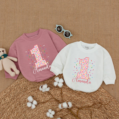 Personalized Pink Gingham Donut First Birthday Romper Sweet One Girl with Sprinkles & Amanda's Name, adorable Baby Bodysuit Smash Cake Outfit