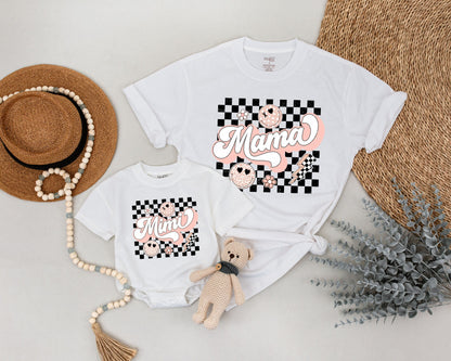 Personalized Retro Mommy and Me Shirts with Black Checkered Smiley Faces, Vibrant Pink Mama Mini Script, Playful Vintage Design Comfort Tees, Perfect Mother's Day Gift