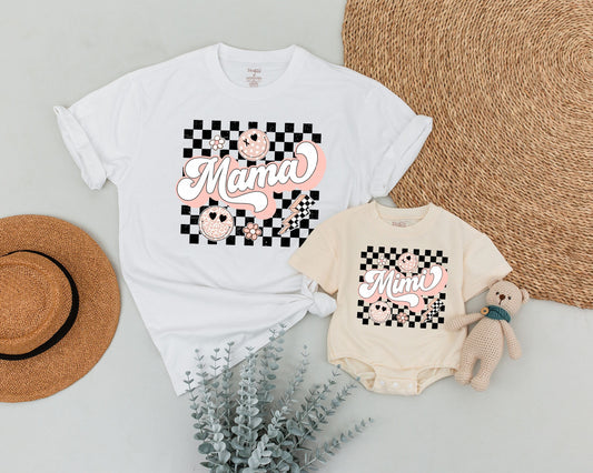 Personalized Retro Mommy and Me Shirts with Black Checkered Smiley Faces, Vibrant Pink Mama Mini Script, Playful Vintage Design Comfort Tees, Perfect Mother's Day Gift