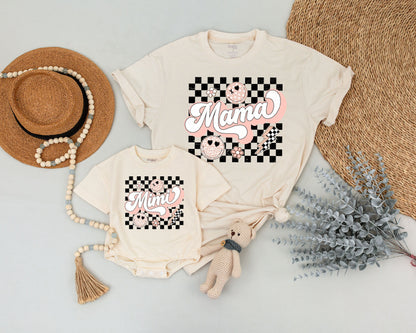 Personalized Retro Mommy and Me Shirts with Black Checkered Smiley Faces, Vibrant Pink Mama Mini Script, Playful Vintage Design Comfort Tees, Perfect Mother's Day Gift