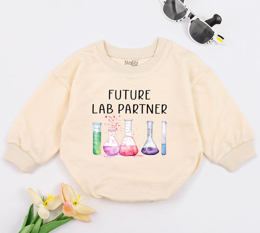 Future Lab Partner Science Baby Romper Bodysuit Cute Scientist Gift, adorable watercolor lab glassware design with pink purple green liquids, perfect future chemist new born outfit.