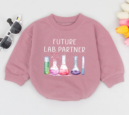 Future Lab Partner Science Baby Romper Bodysuit Cute Scientist Gift, adorable watercolor lab glassware design with pink purple green liquids, perfect future chemist new born outfit.