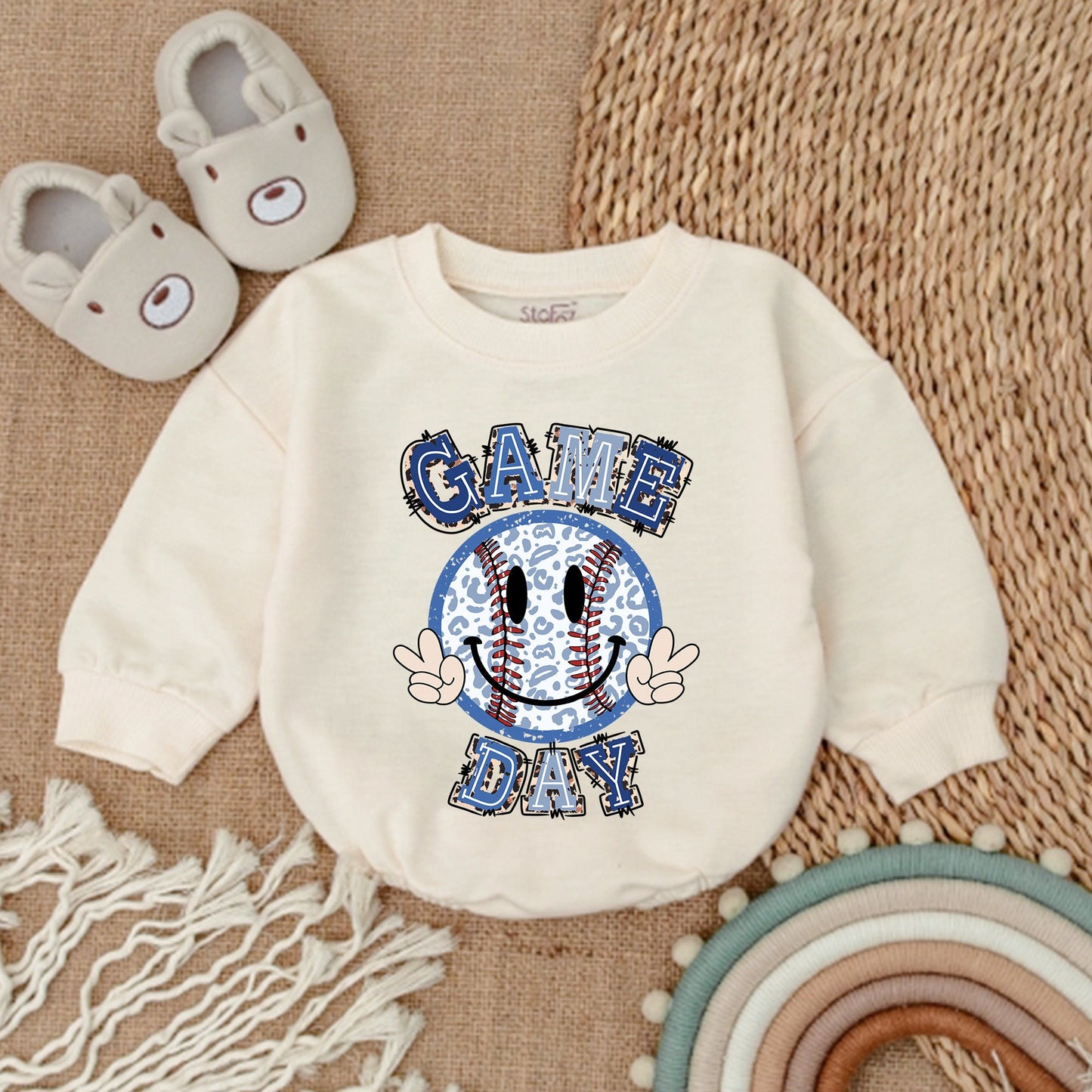 Cute Game Day Baby Baseball Bubble Romper Outfit Newborn Bodysuit for Infant Boys & Girls Playful Smiley Face Peace Sign Blue Red Leopard Print Design