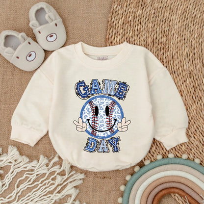 Cute Game Day Baby Baseball Bubble Romper Outfit Newborn Bodysuit for Infant Boys & Girls Playful Smiley Face Peace Sign Blue Red Leopard Print Design