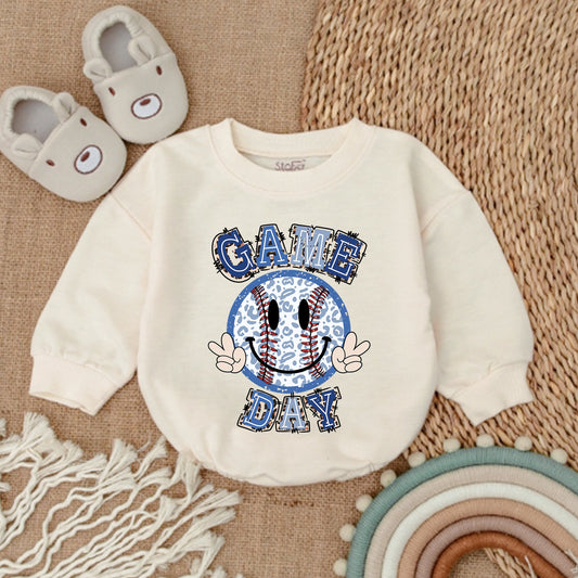 Cute Game Day Baby Baseball Bubble Romper Outfit Newborn Bodysuit for Infant Boys & Girls Playful Smiley Face Peace Sign Blue Red Leopard Print Design