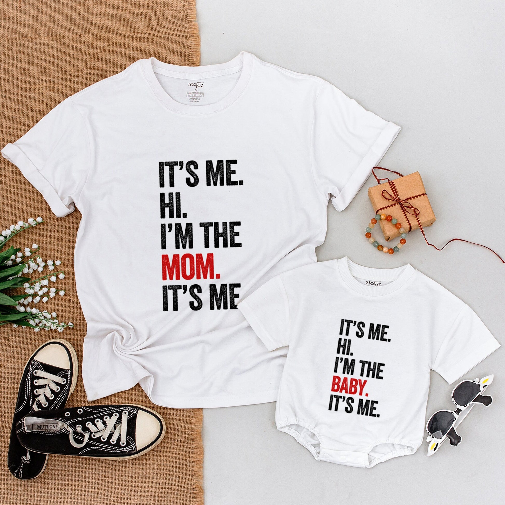 Baby 'It's Me Hi I'm The Baby' Romper Funny Family Matching Outfit Modern Red Black Stacked Text Design Comfortable Cotton Newborn Infant Gift