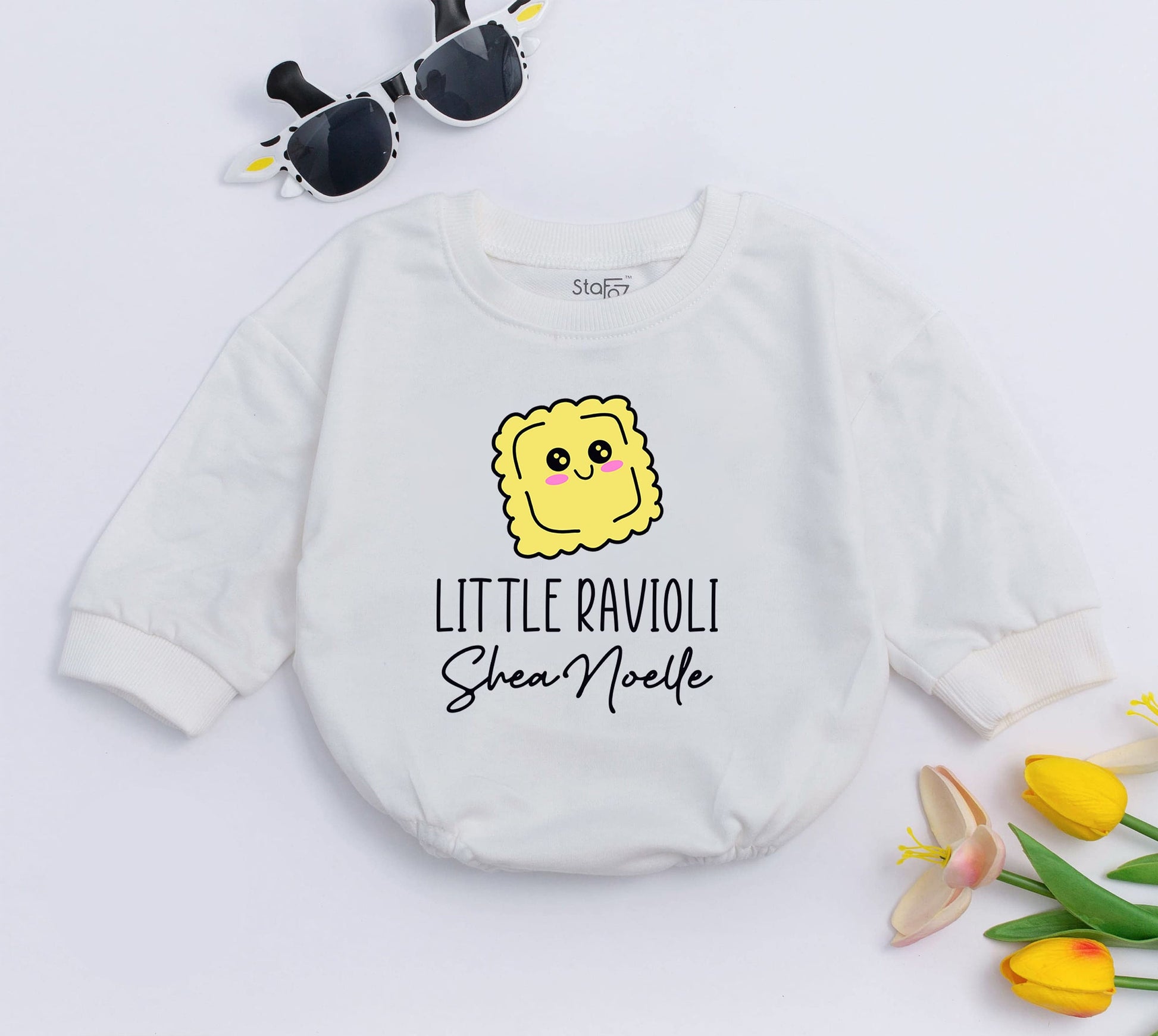 Personalized Little Ravioli Baby Romper, Cute Italian Pasta Outfit for Foodie Babies, Funny Infant Bodysuit Newborn Shower Gift