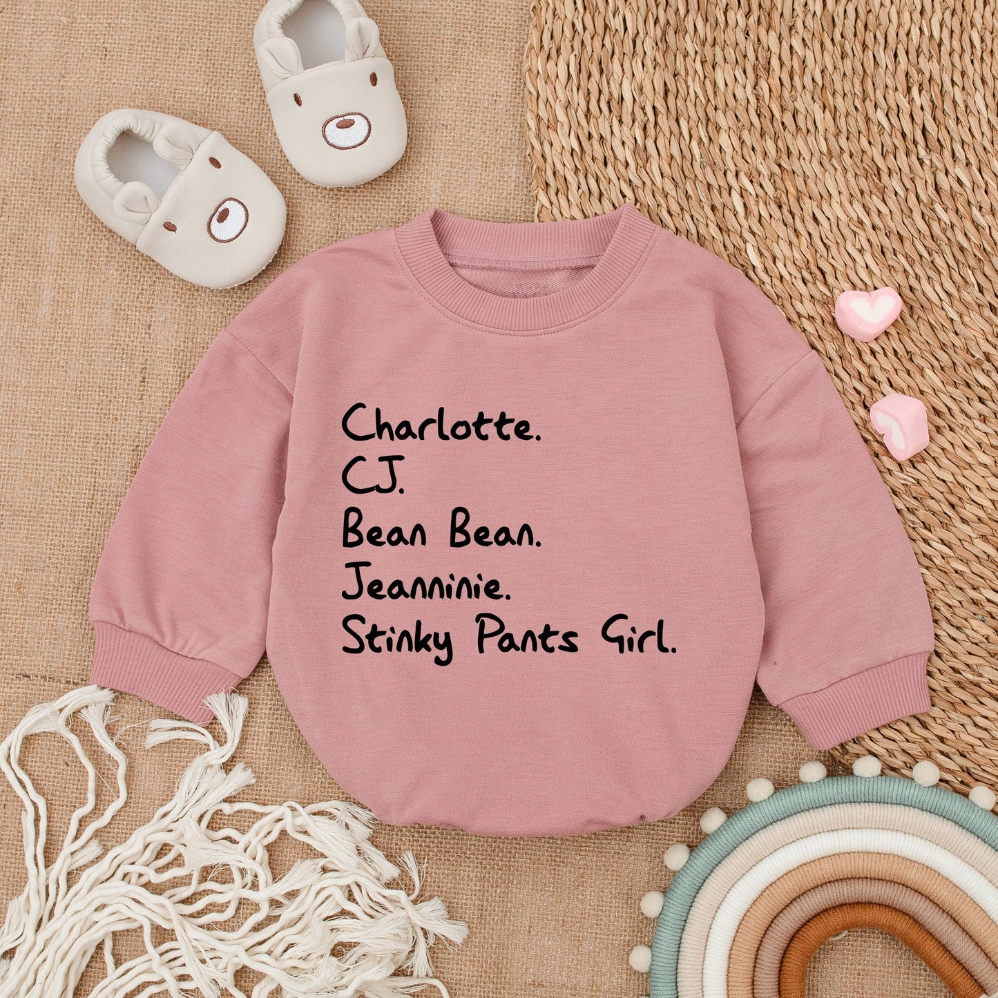 Custom Nickname Baby Bubble Romper with Playful Stacked Names Design Black Text Minimalist Infant Outfit Comfy Newborn Shower Gift