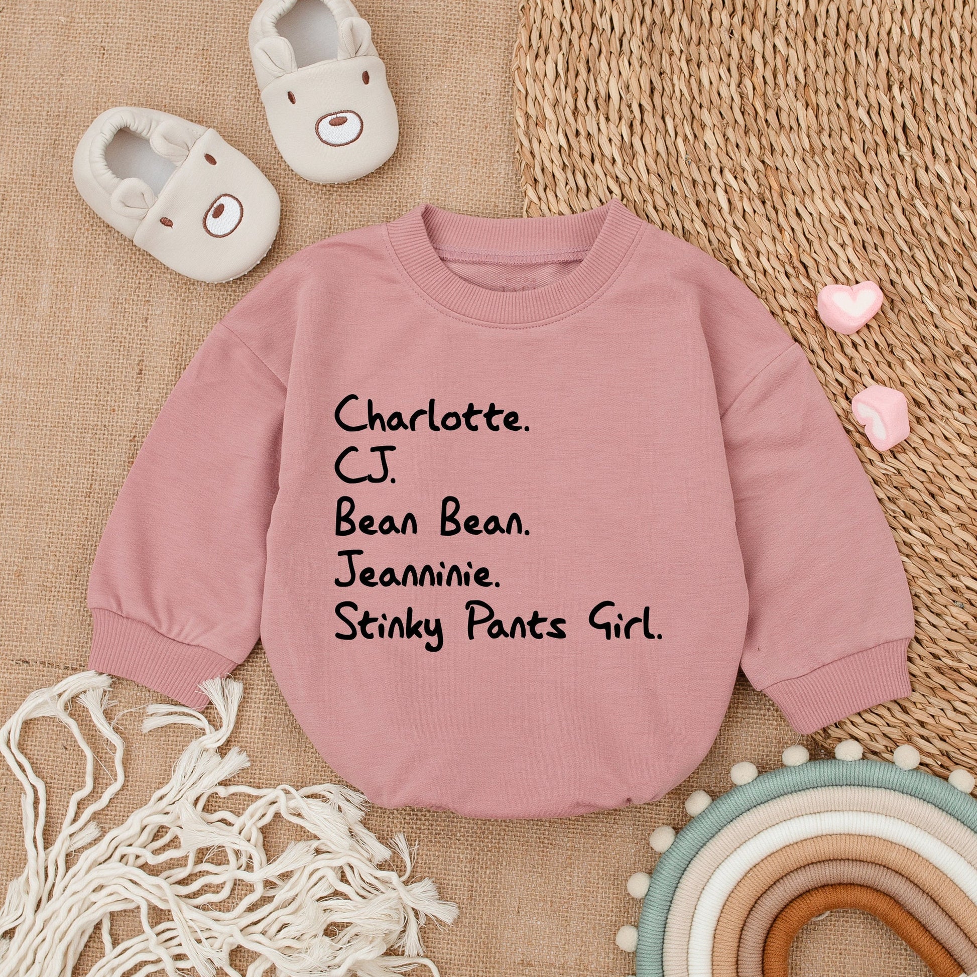 Custom Nickname Baby Bubble Romper with Playful Stacked Names Design Black Text Minimalist Infant Outfit Comfy Newborn Shower Gift
