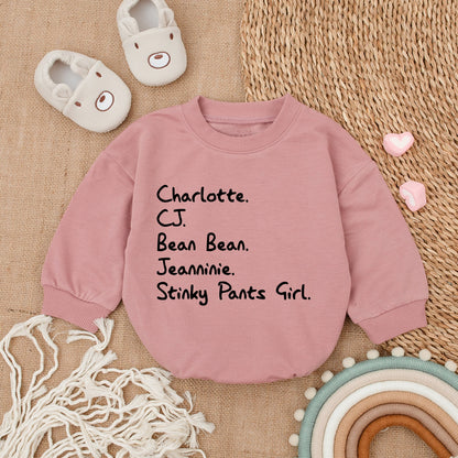 Custom Nickname Baby Bubble Romper with Playful Stacked Names Design Black Text Minimalist Infant Outfit Comfy Newborn Shower Gift