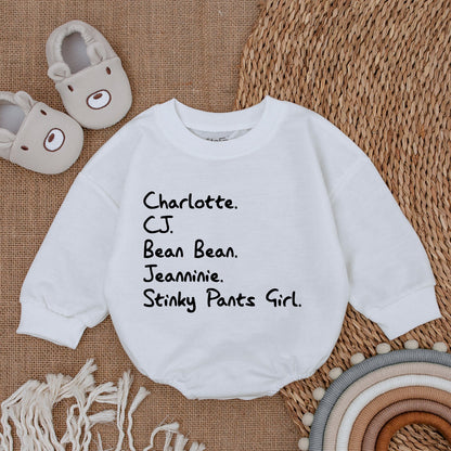 Custom Nickname Baby Bubble Romper with Playful Stacked Names Design Black Text Minimalist Infant Outfit Comfy Newborn Shower Gift