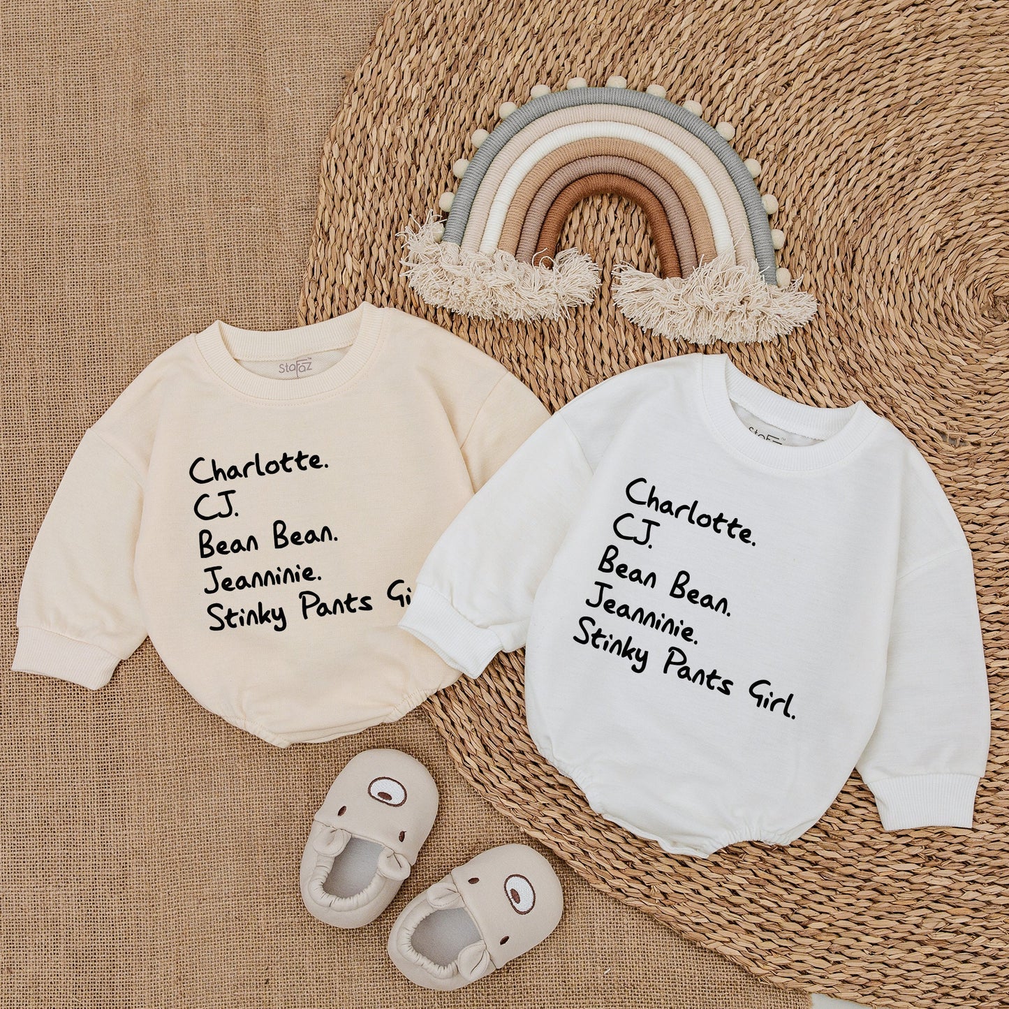 Custom Nickname Baby Bubble Romper with Playful Stacked Names Design Black Text Minimalist Infant Outfit Comfy Newborn Shower Gift