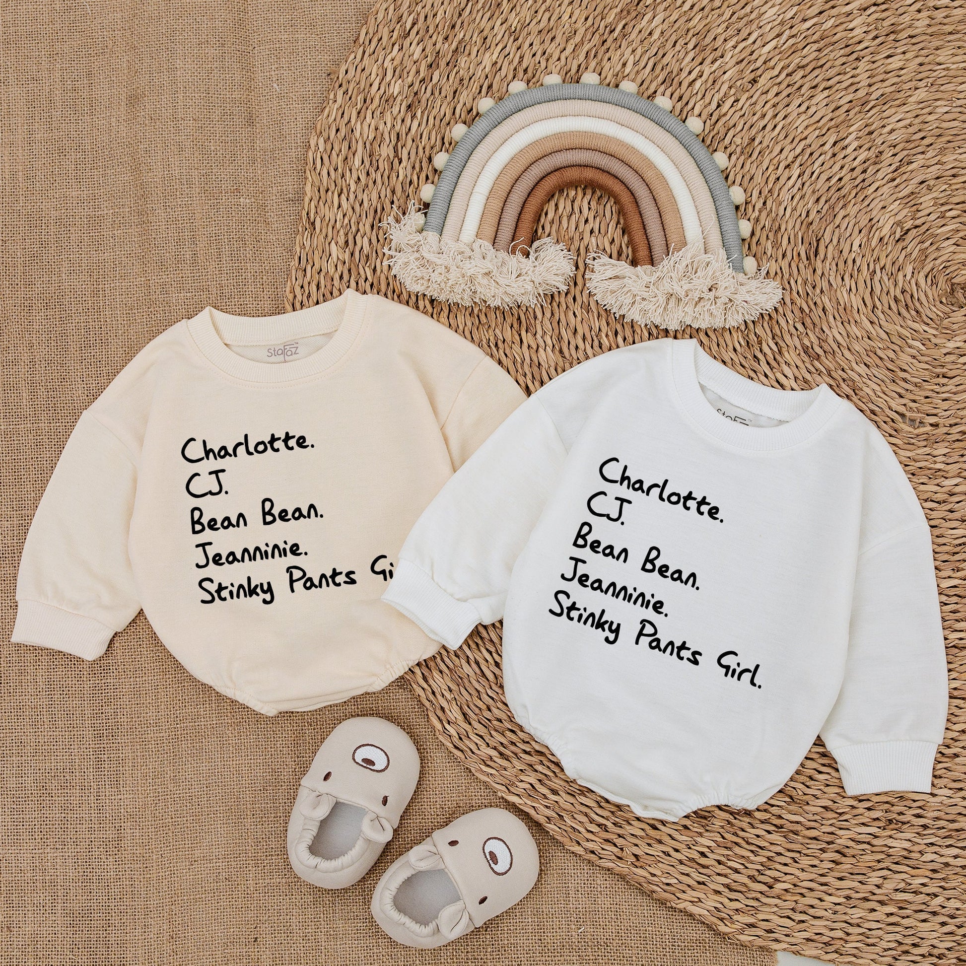 Custom Nickname Baby Bubble Romper with Playful Stacked Names Design Black Text Minimalist Infant Outfit Comfy Newborn Shower Gift
