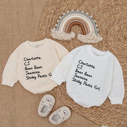 Custom Nickname Baby Bubble Romper with Playful Stacked Names Design Black Text Minimalist Infant Outfit Comfy Newborn Shower Gift