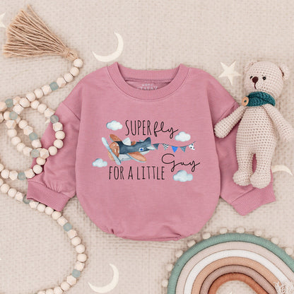 Super Fly For A Little Guy Whimsical Airplane Baby Romper Blue Orange Clouds Propeller Pilot Bodysuit First Birthday Newborn Gift
