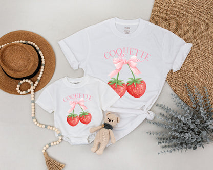 Coquette Mama and Mini Matching Strawberry Shirts Pink Bow Watercolor Berry Mom Daughter First Mother's Day Gift Cute Playful Summer Attire