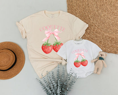 Coquette Mama and Mini Matching Strawberry Shirts Pink Bow Watercolor Berry Mom Daughter First Mother's Day Gift Cute Playful Summer Attire