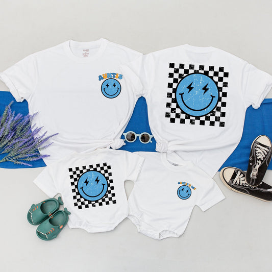 Personalized Auntie and Nephew Matching Retro Smiley Shirt Light Blue Lightning Eyes Design Checkered Pattern Auntie's Boy Niece Kid Outfit Comfy Family Gift