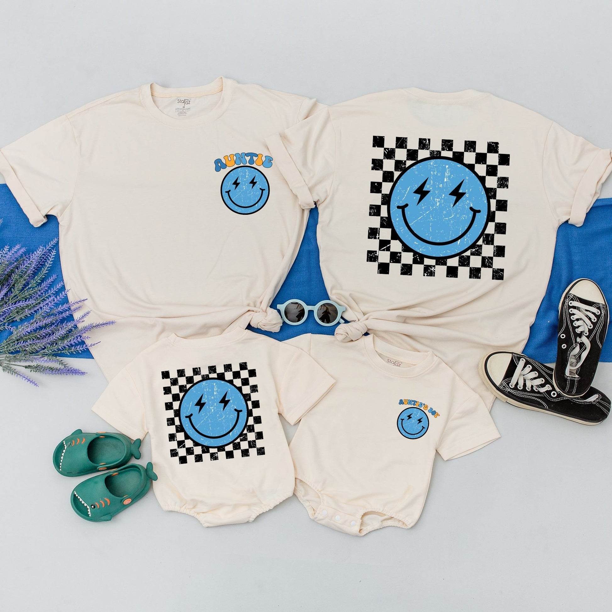 Personalized Auntie and Nephew Matching Retro Smiley Shirt Light Blue Lightning Eyes Design Checkered Pattern Auntie's Boy Niece Kid Outfit Comfy Family Gift