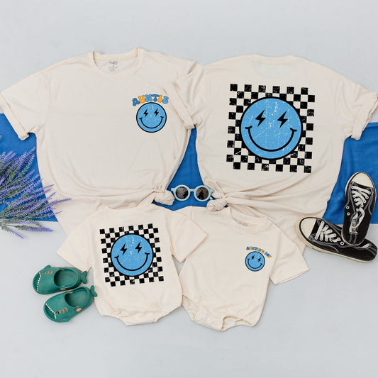 Personalized Auntie and Nephew Matching Retro Smiley Shirt Light Blue Lightning Eyes Design Checkered Pattern Auntie's Boy Niece Kid Outfit Comfy Family Gift