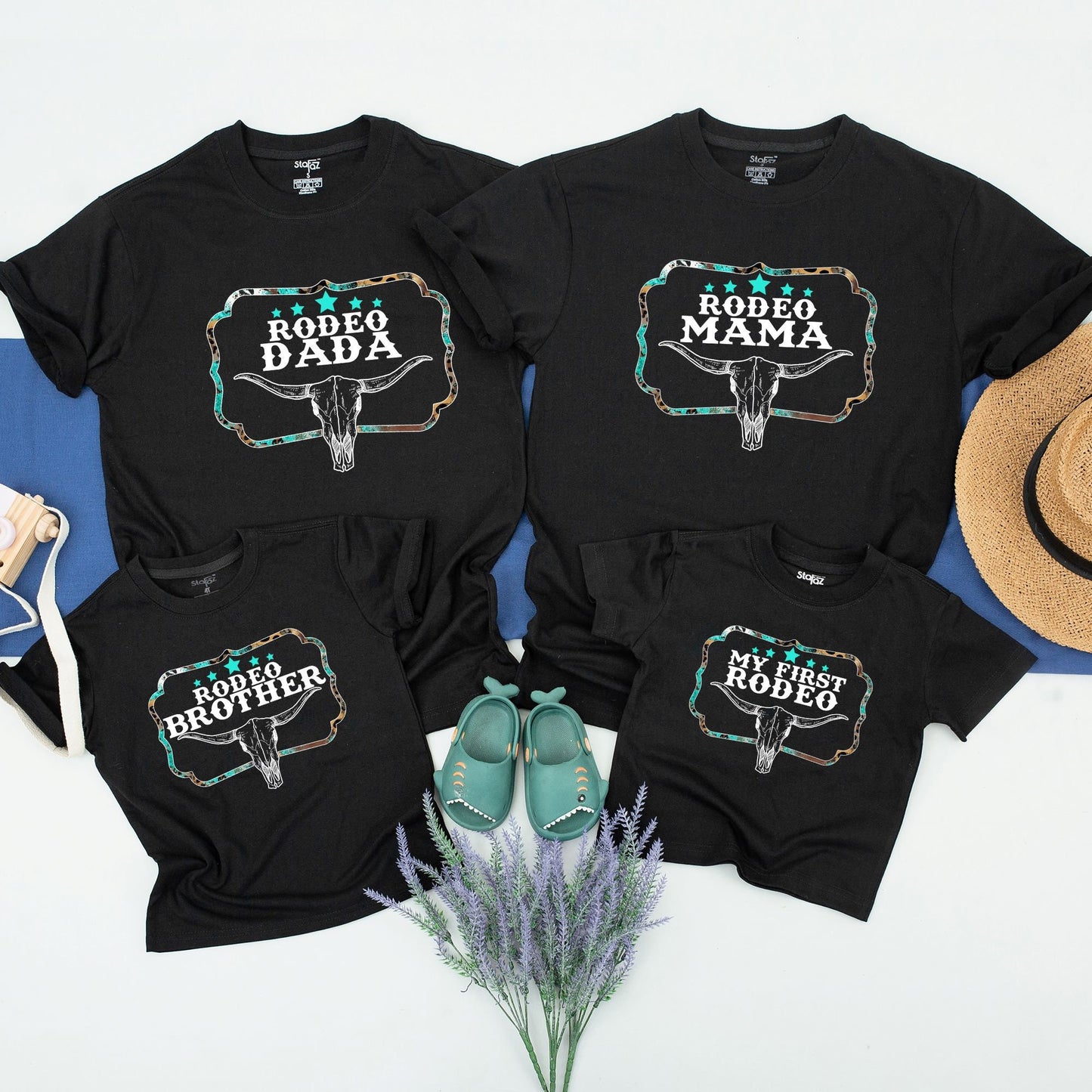 My First Rodeo Family Birthday Shirts, Matching Western Baby Outfit with Turquoise Leopard Frame Bull Skull Design, Playful Vintage Cowboy Theme