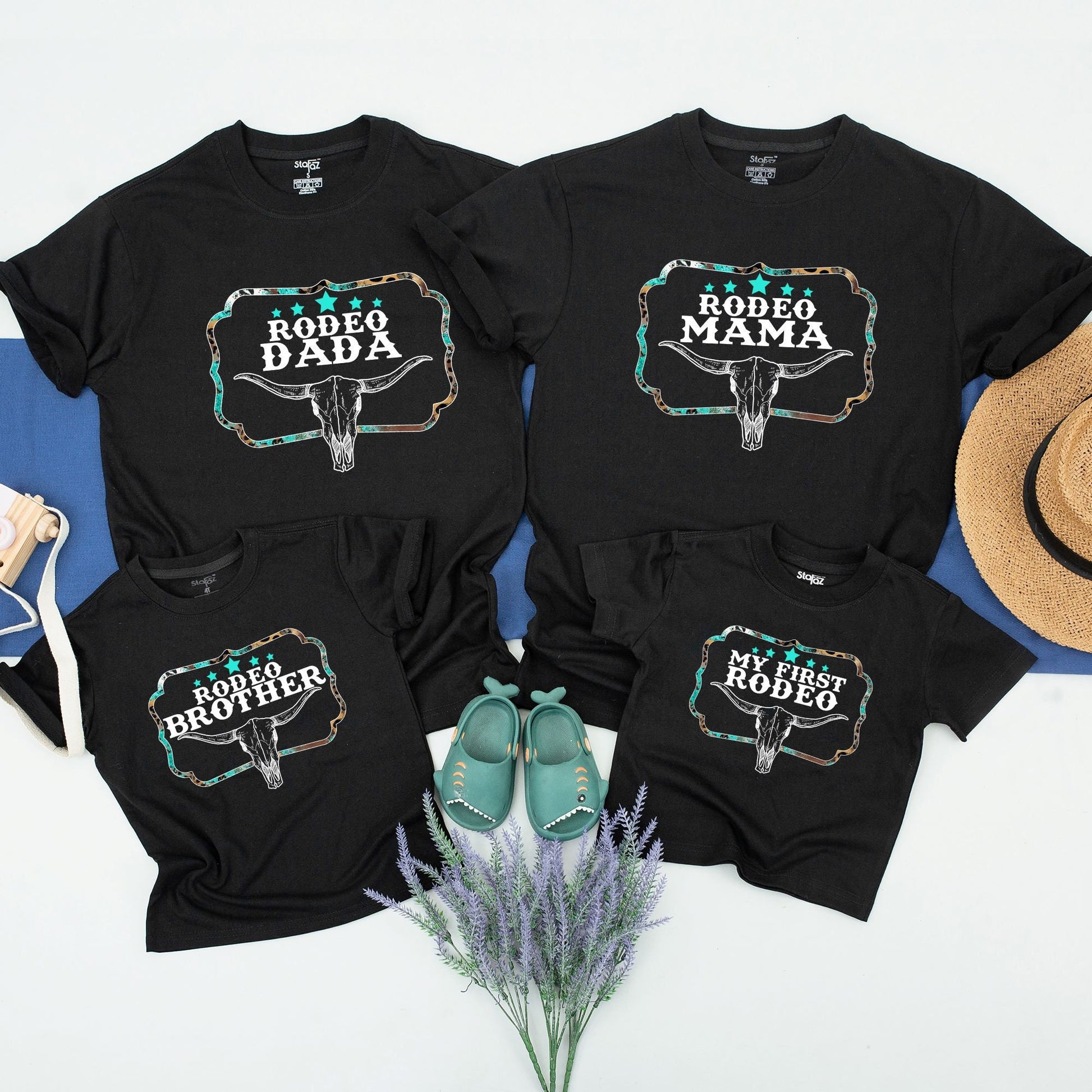 My First Rodeo Family Birthday Shirts, Matching Western Baby Outfit with Turquoise Leopard Frame Bull Skull Design, Playful Vintage Cowboy Theme