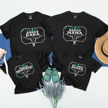 My First Rodeo Family Birthday Shirts, Matching Western Baby Outfit with Turquoise Leopard Frame Bull Skull Design, Playful Vintage Cowboy Theme