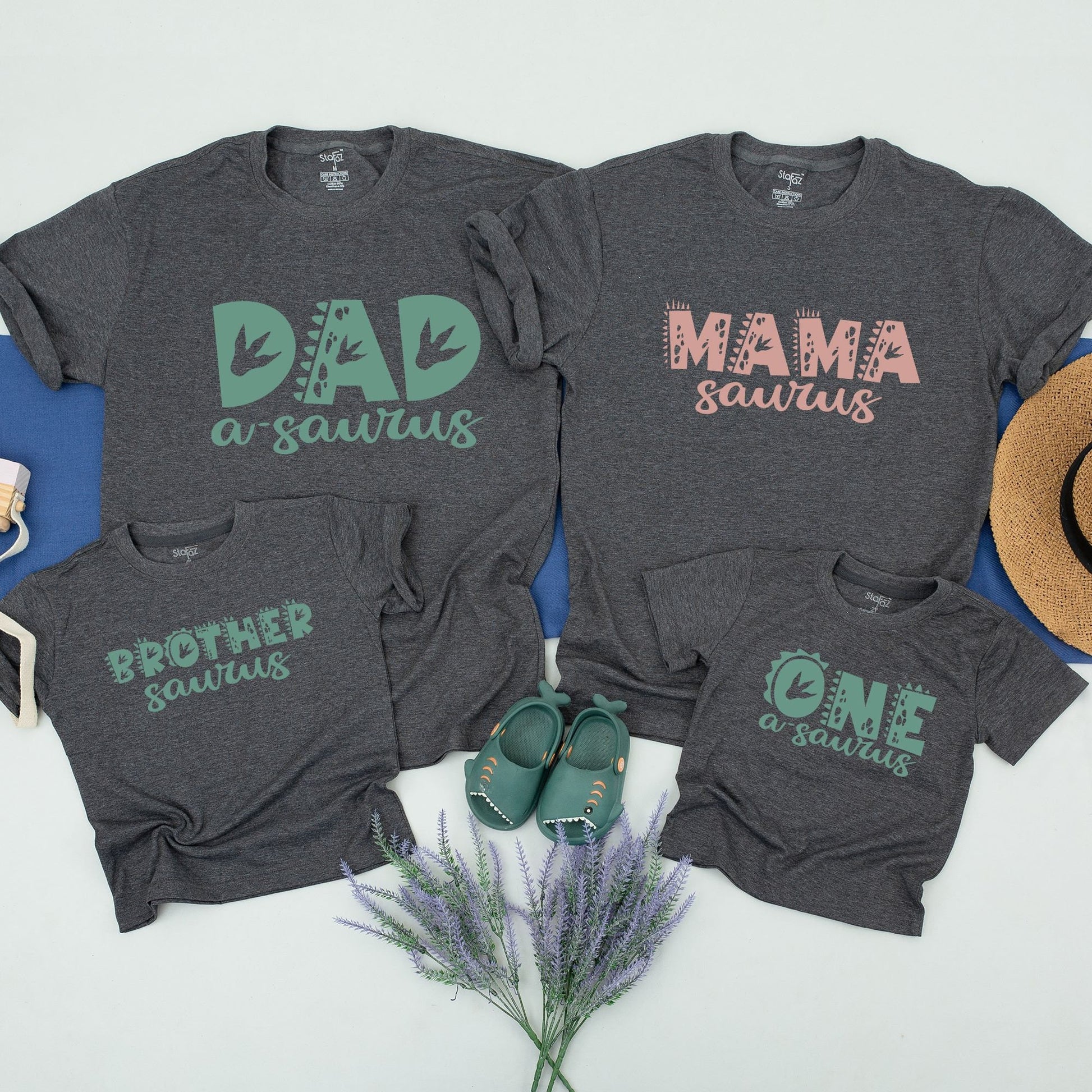 Custom Family Dinosaur Birthday Party Shirts featuring Prehistoric Font Scales and Footprints for Matching Dino Outfits Sage Green Salmon Pink