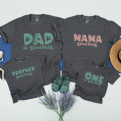 Custom Family Dinosaur Birthday Party Shirts featuring Prehistoric Font Scales and Footprints for Matching Dino Outfits Sage Green Salmon Pink