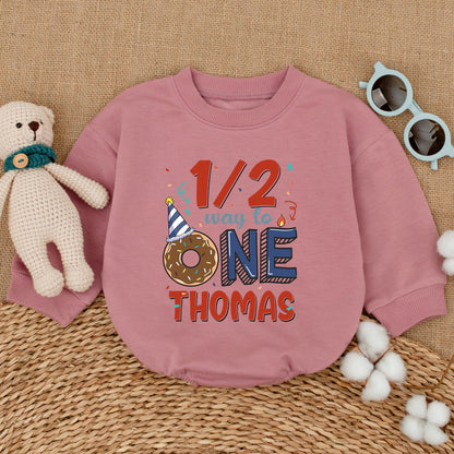 Personalized Baby Boy Half Birthday Romper 1/2 Way To One Donut Party Bodysuit Adorable Celebration Outfit Red Blue Confetti Design Gift