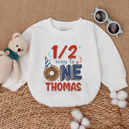 Personalized Baby Boy Half Birthday Romper 1/2 Way To One Donut Party Bodysuit Adorable Celebration Outfit Red Blue Confetti Design Gift