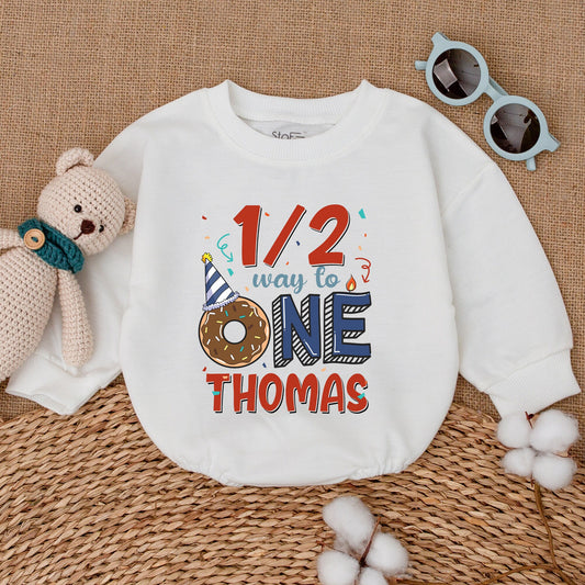 Personalized Baby Boy Half Birthday Romper 1/2 Way To One Donut Party Bodysuit Adorable Celebration Outfit Red Blue Confetti Design Gift