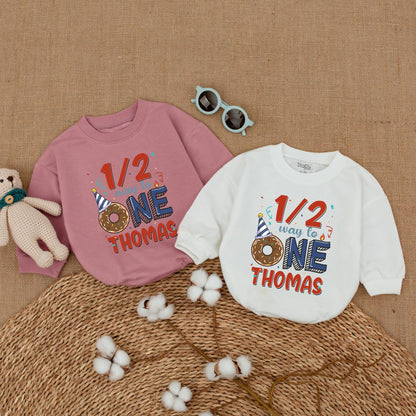 Personalized Baby Boy Half Birthday Romper 1/2 Way To One Donut Party Bodysuit Adorable Celebration Outfit Red Blue Confetti Design Gift