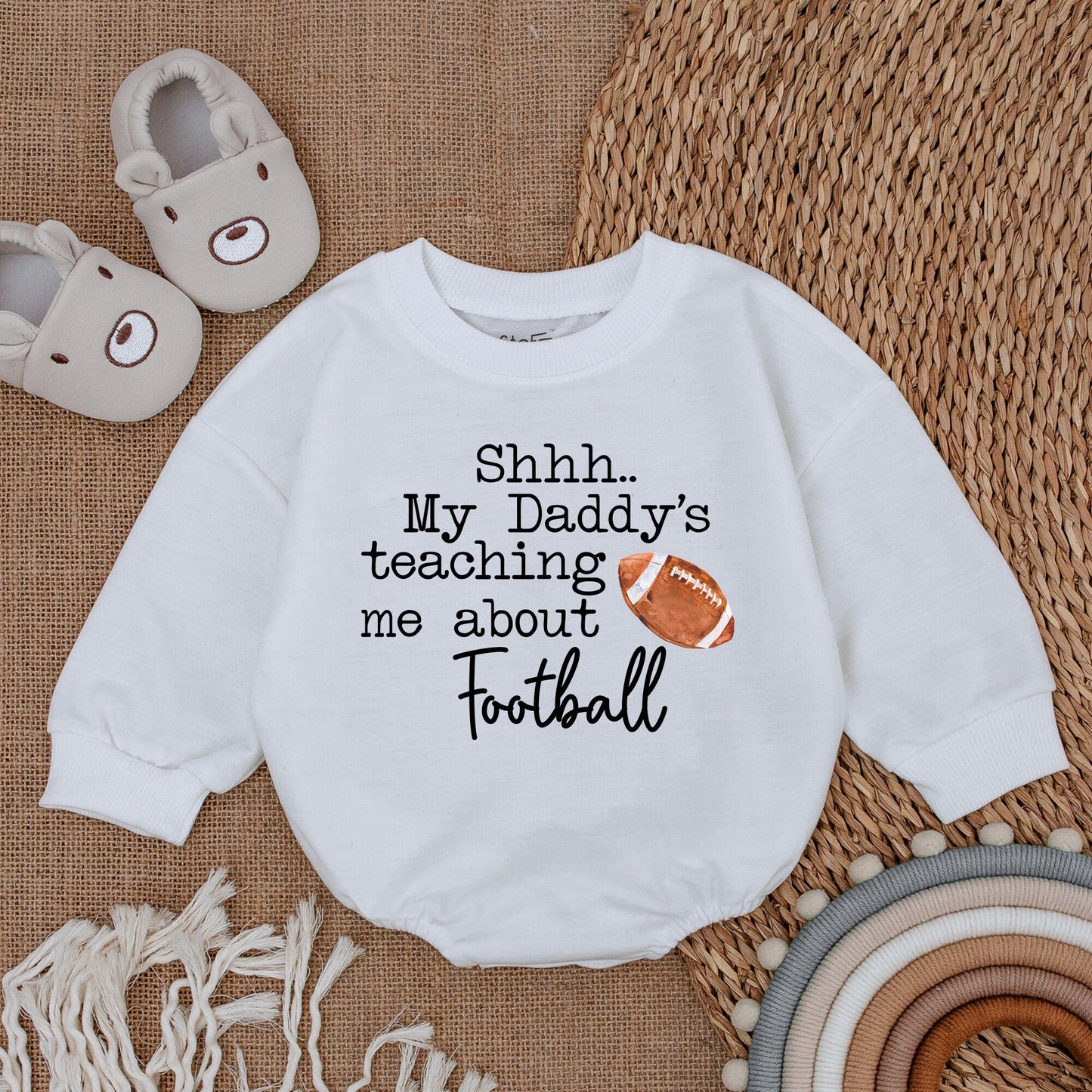 Shhh Daddy's Teaching Me About Football Baby Romper First Father's Day Gift Newborn Bodysuit Cute Infant Outfit Baby Shower Gift Funny Sporty