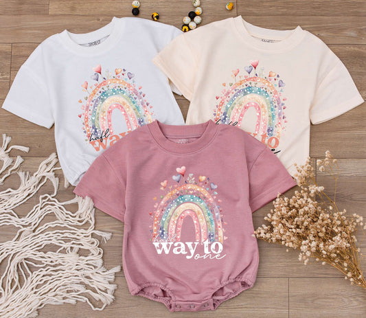 Half Way To One Birthday Boy Romper with Rainbow Design, Soft Cotton Bodysuit, Infant Half Birthday Outfit Celebration Gift for Baby