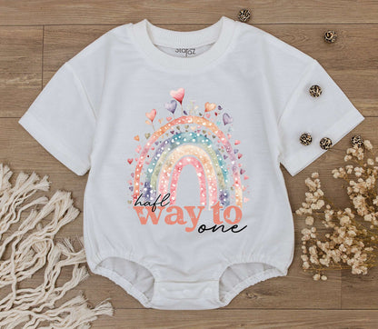 Half Way To One Birthday Boy Romper with Rainbow Design, Soft Cotton Bodysuit, Infant Half Birthday Outfit Celebration Gift for Baby