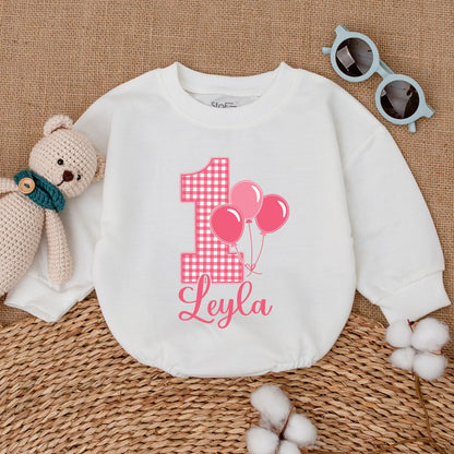 Personalized Pink Gingham 1st Birthday Romper for Baby Girl Leyla Name Balloon Smash Cake Outfit Bodysuit Cheerful Baby Shower Gift